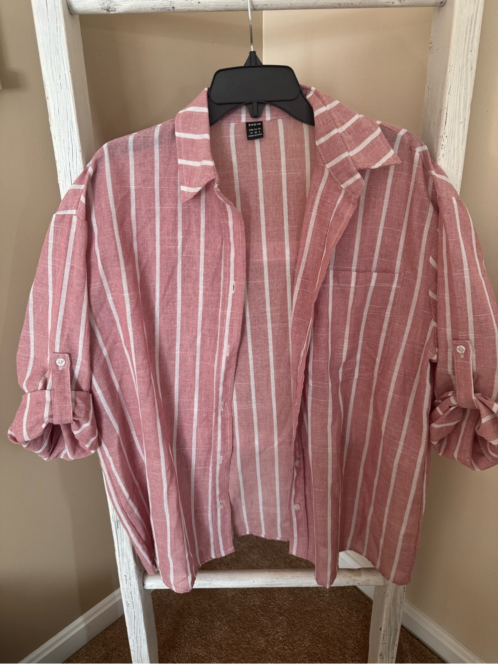 SHEIN Pink and White Vertical Stripe Button-Up